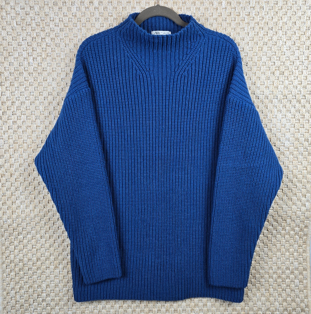 Zara Women’s Long Blue Mock Neck Pullover Long Sleeve Wool Sweater Size L Large